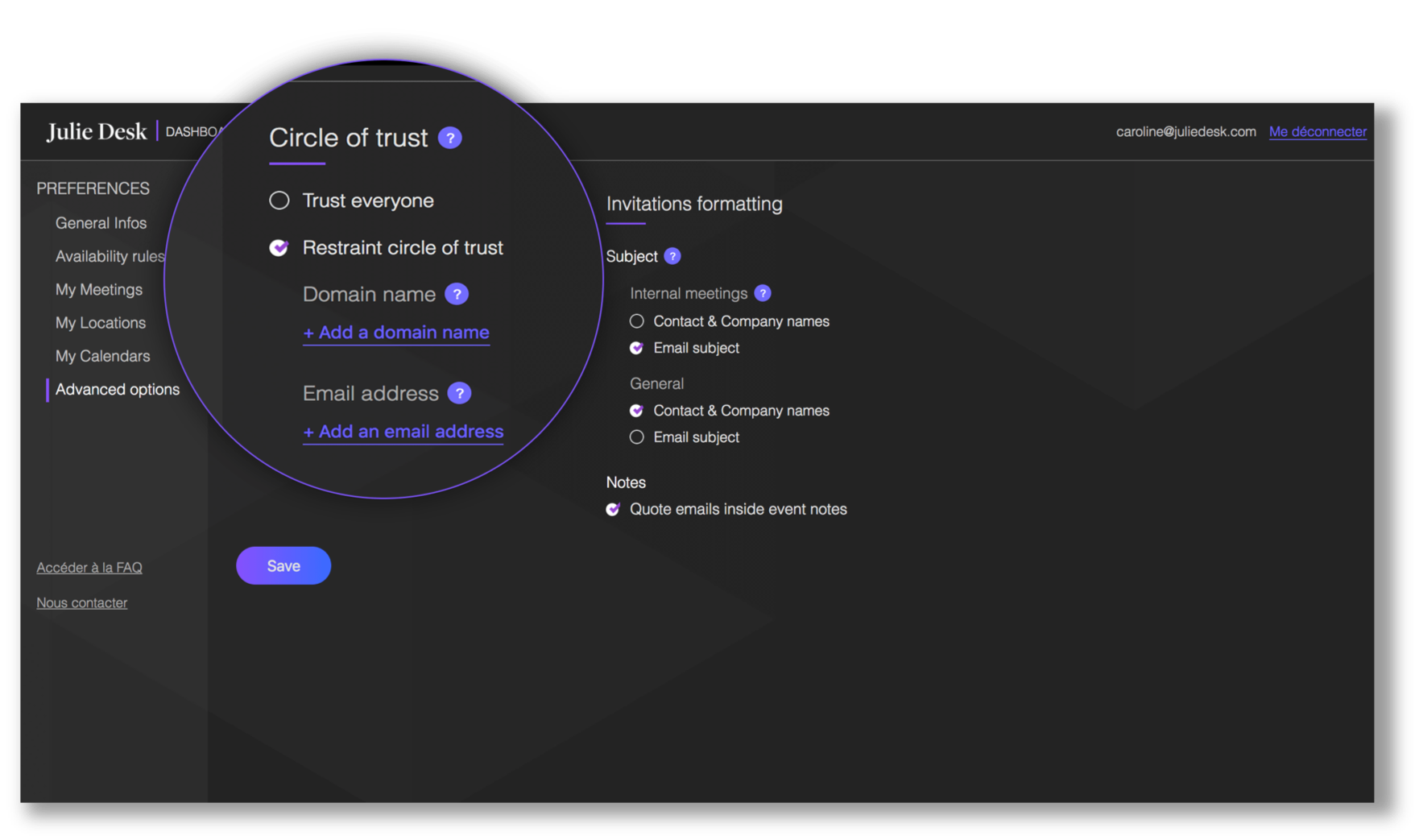 dashboard - calendar and time management - circle of trust