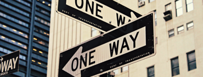 Several sign roads show "one way" pointing to different directions
